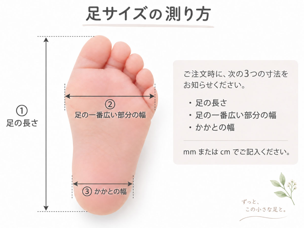 赤ちゃんの足サイズの測り方 足の長さ 足の一番広い部分 かかとの幅