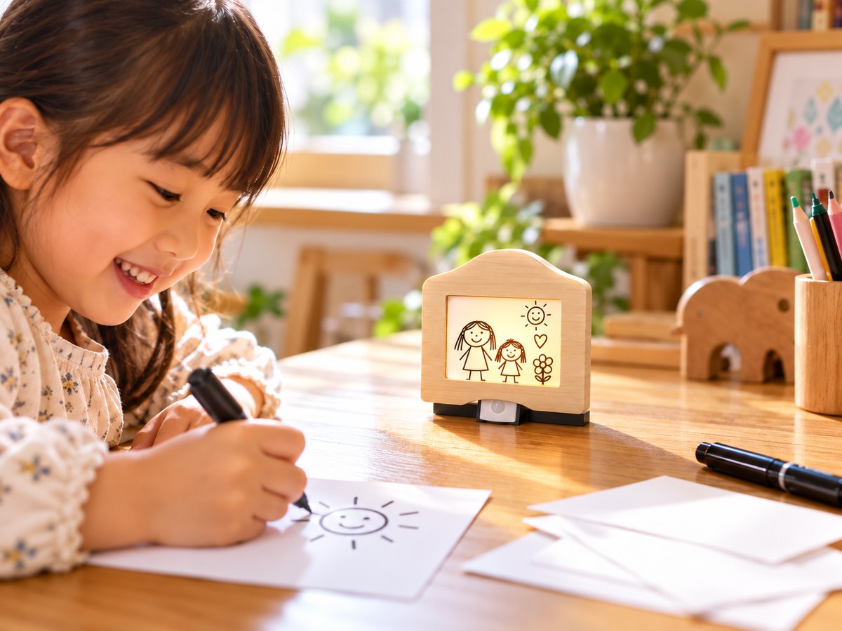影あかりの設置イメージ。子どもが机で絵を描き、作品を入れた小さなライトを飾る