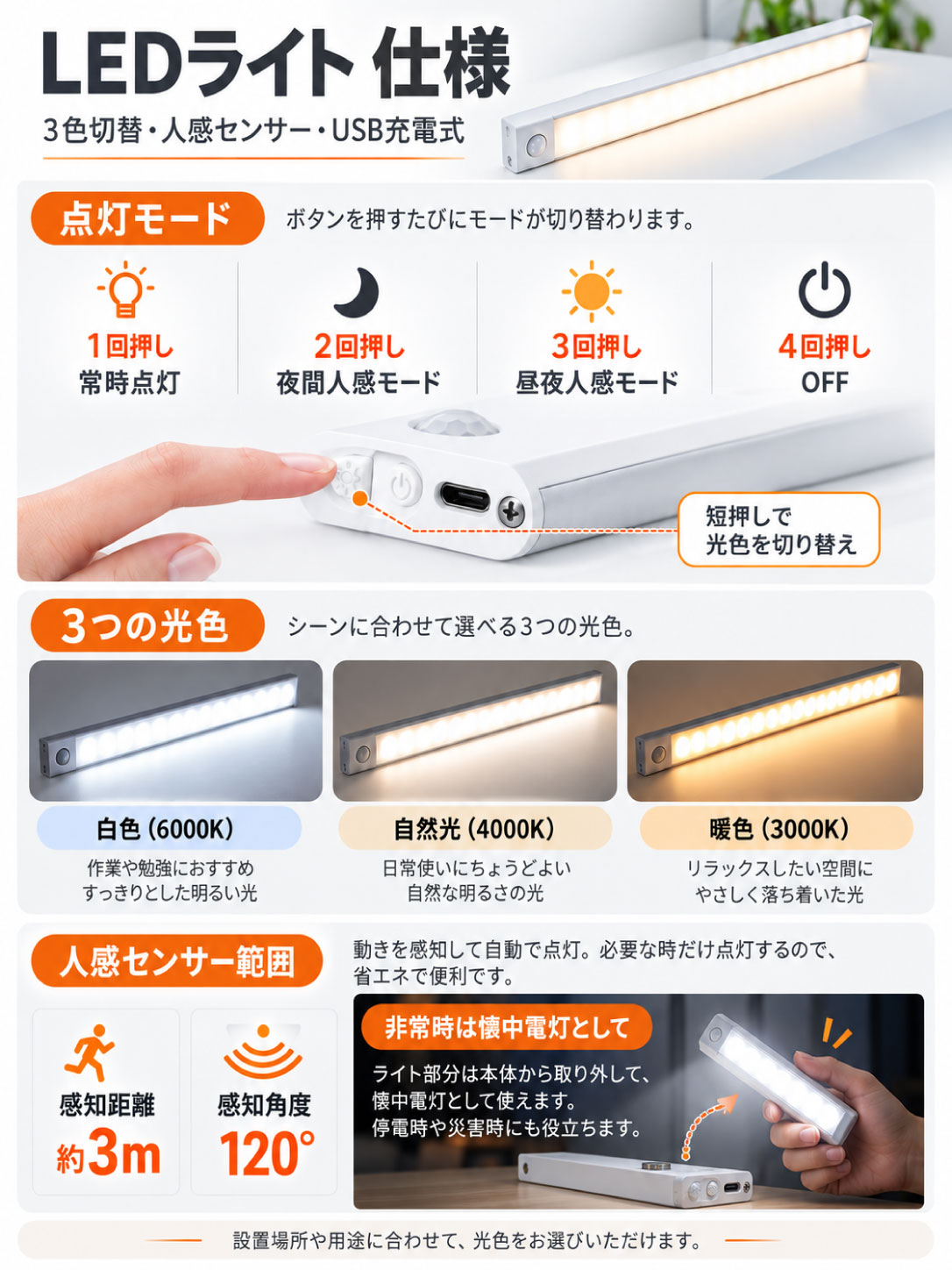 LightgramのLEDライト仕様。点灯モード、3種類の光色、人感センサー範囲、取り外して使えるLEDライト