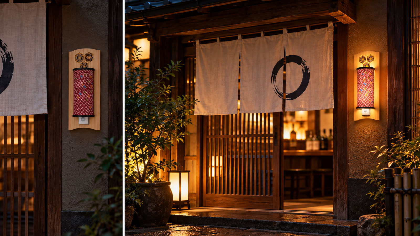 Lightgram 和を和風飲食店の入口に設置した消灯・点灯比較イメージ