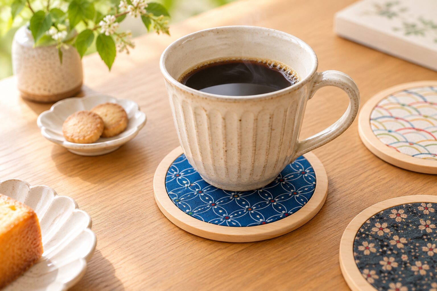 和-Coaster ヒノキと着物地のコースター使用イメージ